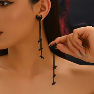TEMU 고딕 스타일 박쥐 체인 태슬 귀걸이 한 쌍, 할로윈 파티에 완벽하게 어울리는 할로윈 축하 행사에 적합합니다.