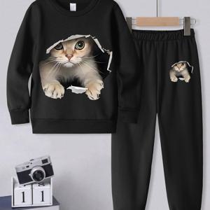 TEMU 여아용 만화 고양이 라운드넥 스웨트셔츠 + 창고 2피스 아동복, 스타일리시하고 귀여운 캐주얼 O넥 패치워크 스웨트셔츠 세트 (가을, 겨울용), 저렴한 의류, 야외용