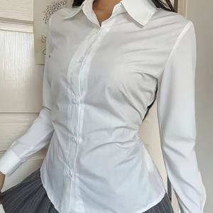 TEMU 여성용 솔리드 화이트 롱 슬리브 블라우스 - 클래식 칼라 포인트 셔츠, 구조적 버튼 프론트 플래킷 & 기계 세탁 가능한 테일러드 핏, 오피스, 세미 포멀 & 캐주얼 복장용 - 봄/가을 워드로브 필수 아이템 (논스트레치)