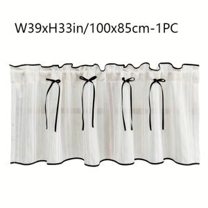 TEMU 1개 일본 한국식 클래식 심플 자수 블랙 리본 테두리 줄무늬 짧은 디자인 빈티지 팜하우스 쉬어 툴 커튼 탑 로드 포켓 고퀄리티 세탁 가능 거실 침실 현관 창문 드레이프|커튼봉