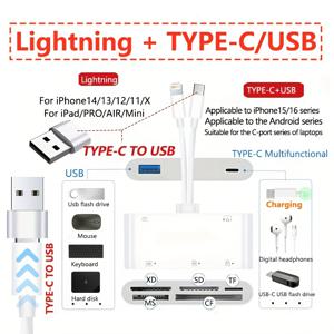 TEMU 10-in-1 휴대용 SD/TF/MS/CF 메모리 카드 리더기 & 라이터, USB-C & USB-A 호환, 아이폰///태블릿용, 플러그 앤 플레이 외부 미디어 어댑터, 스마트폰, 태블릿, 카메라, 컴퓨터, 플래시 드라이브 리더기 (별도 구매 불필요)