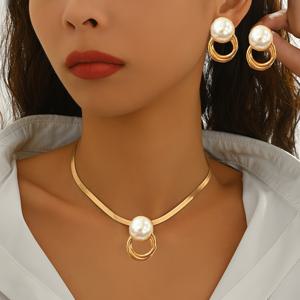 TEMU LXALRY 여성용 모조 진주 주얼리 세트 3종 - 골드톤 플랫 스네이크 체인 목걸이 & 화이트 모조 진주 귀걸이, 우아한 매칭 팔찌형 펜던트 프리 칼라본 초커, 결혼식, 파티, 데일리용 연중 다용도 선물