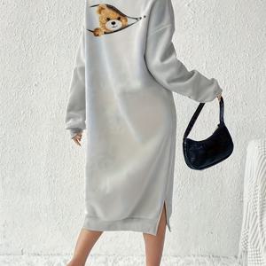 TEMU 여성용 귀여운 곰 프린트가 있는 포근한 긴팔 캐주얼 드레스 - 가을/겨울용 소프트 화이트 스웨트셔츠 드레스, 스플릿 헴, 긴 소매, 캐주얼 의상에 완벽한 베어 옷