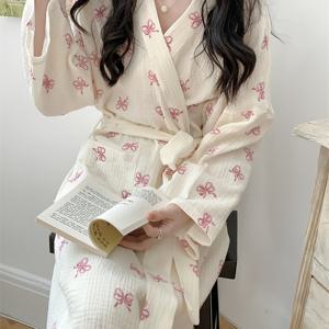 TEMU 심플하고 귀여운 나비 매듭 프린트 포켓이 있는 편안한 로브, 캐주얼 루즈핏 홈웨어 여름 잠옷, 긴팔 우아한 타이 스타일 기모노 로브, 봄, 여름, 가을, 겨울에 적합.