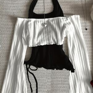 TEMU 2026 신상 크리스마스 & 발렌타인데이 스타일, 스파이시 롱슬리브 탑, 컬러 블록 스플라이스드 홀터넥 플레어 슬리브 페이크 투피스 티셔츠 LL168