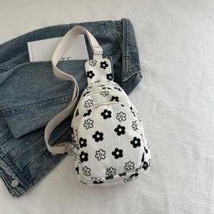 TEMU 1개 매화 프린트 화이트 여성 원피스 체스트 백, 지퍼 멀티포켓 허리팩, 귀여운 소형 여행용 폰 파우치|힙색