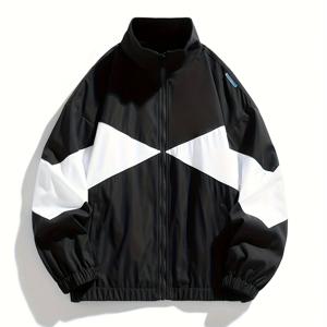 TEMU 남성용 경량 재킷 - 블랙 & 화이트 컬러 블록 지퍼업 코트, 스탠드 칼라 논스트레치 원단, 루즈핏 캐주얼 아웃웨어, 도시 출퇴근 및 사이클링, 일상복 - 봄/가을 전환 의류, 사이클링 액세서리, 스포츠 룩, 내구성 있는 구조, 기능 포켓, 활동적인 라이프스타일, 워크웨어 스타일, 고품질 스티칭, 스트리트웨어 애호가를 위한