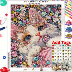 TEMU 캣 라운드 벨벳 캔버스 컬러풀 프린트 엣지 디자인, 부분적인 요정 먼지 AB 페인팅 키트 포함, 5D DIY 아트 홈 데코 사이즈 30x40cm|보석십자수