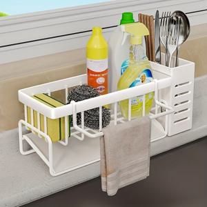 TEMU 헤비듀티 스테인리스 주방 싱크 정리대 - 드레인 포함, 접시 브러쉬 홀더, 스펀지 보관함 - 공간 절약형 카운터탑 오거나이저, 소형 주방용 컴팩트 디자인 - 세척 및 준비 - 쉬운 청소 가능 싱크 캐디