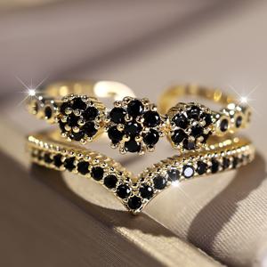 TEMU ANGOL 여성용 우아한 더블 레이어 V자형 오픈 링 - 조절 가능한 주얼리, 블랙 합성 지르코니아, 웨딩/파티/일상용 - 연중 럭셔리 액세서리, 빈티지 디자인, 고품질 도금, 패션 애호가를 위한 고급 장신구