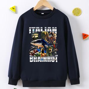 TEMU 소년용 이탈리아 테마 만화 프린트 스웨트셔츠 - 컬러 블록 모짜렐라 치즈 & 이탈리아 국기 디자인, 루즈핏 긴팔 라운드넥 스웨터, 봄/가을용 캐주얼 & 플레이웨어 (쉬운 관리 이탈리아 국기 패턴)