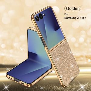 TEMU 삼성 Z 플립7용 접이식 스크린 보호 케이스, 삼성 Z 플립6용 강화 유리, 삼성 Z 플립5용, 삼성 Z 플립4용, 삼성 Z 플립3용, 반짝이는 파우더와 함께 제공되는 느낌의 보호 케이스, 여성용, 낙하 방지 및 완전한 플레이트 프레임, 가벼운 럭셔리