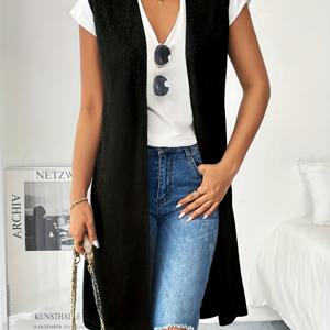 TEMU 여성용 우아한 민소매 재킷 - 겨울용 따뜻한 칼라 코트, 세탁기 사용 가능한 단색 (블랙/네이비/차콜) - 사무실, 출퇴근 및 캐주얼 착용 - 주름 방지 롱 카디건