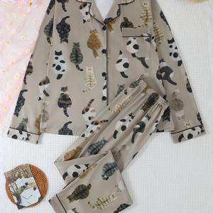 TEMU 가을과 겨울 여성용 2피스 파자마 세트, 루즈핏 오픈 프론트 칼라 긴팔 및 확장 바지, 고양이 동물 프린트 & 편안한 홈웨어, 캐주얼 사계절 라운지웨어 의상, 여성용 파자마/나이트웨어/피자 세트