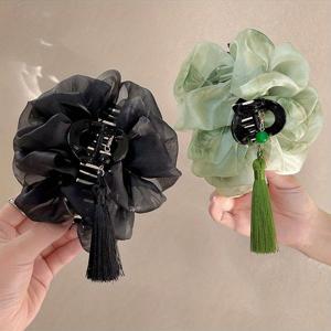 TEMU 2개 세트 잉크 워시 헤어 클립 - 우아한 중국식 꽃무늬 고정핀, 여성용 업스타일 & 포니테일, 번 스타일링 (블랙/그린 태슬) - 아시아 뷰티 필수품