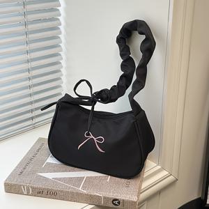 TEMU 10대 프린트 리본 조절 가능 크로스바디 백 - 캐주얼한 한국 스타일 나일론 숄더백, 지퍼 잠금 및 매칭 메이크업 파우치 포함, 밝은 핑크/화이트/블랙 색상으로 매일 사용 가능, 부드러운 질감과 스타일리시한 액세서리 특징.