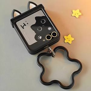TEMU 플립 7 플립 7FE 플립 6 플립 5 플립 3 휴대폰 케이스 - 힌지 스톤 블랙 스탠드, 귀여운 귀 & 링 안티드롭 보호 커버, 스탠드 기능, 세련된 디자인, 트렌디 액세서리, 충격 방지 소재, 강화 힌지, 미끄럼 방지 그립, 젊은 성인 및 테크 애호가를 위한 스타일리시 케이스