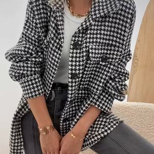 TEMU 여성용 우아한 하운드투스 재킷 - 블랙 & 화이트 코트, 버튼 앞면 클로저, 가을/겨울용 구조 , 오피스, 파티, 데일리 아우터웨어 - 여성용 포멀 & 캐주얼 아우터웨어, 파티룩, 클래식 실루엣, 폴리싱 마감, 스타일리시 코트, 패션 매니아
