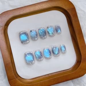 TEMU 10개 블루 투명 글리터 캣아이 프레스온 네일 - 짧은 오벌 모양, 여성용 탈착식 인조 네일 & DIY 매니큐어 애호가, 귀엽고 우아한 디자인, 캐주얼 복장에 완벽, 귀여운 네일, 매니큐어 액세서리, 장난기 있는 네일 디자인, 광택 마감 네일, 손으로 붙이는 네일, 여성용 인조 네일