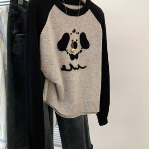 TEMU 여성용 오버사이즈 달마시안 강아지 스웨터 - 포근한 강아지 패턴 스웨터 코트, 라운드넥 & 긴 소매, 그레이 & 화이트 캐주얼 겨울 웨어, 가을/겨울, 크리스마스, 할로윈 - 친절한 (비투명)