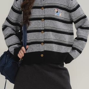 TEMU 컬러 블록 자수 강아지 라운드넥 스웨터 가디건 여성용 2025 겨울 페티트 다용도 귀여운