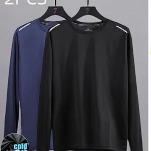 TEMU 2개 남성용 퀵드라이 운동 긴팔 티셔츠 - 아이스 슬리키 섬유, 통기성 & 수분 흡수, 야광 기술, 레귤러 핏, 체육관, 러닝, 캐주얼 웨어 - 블랙 & 네이비 블루, 워크아웃 셔츠, 체육관 의류, 세련된 디자인, 내구성 있는 스포츠웨어, 스트레치 소재, 퍼포먼스 티, 액티브 라이프스타일, 스포츠 스타일, 가벼운 티셔츠, 피트니스 애호가용
