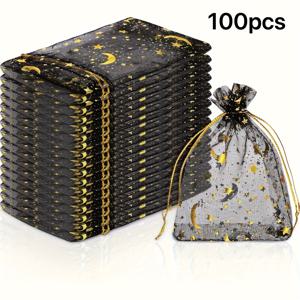 TEMU 50/100개 달 별 오간자 끈 가방 - 소형 선물/보석/화장품 포장용, 결혼식/생일 선물, 크리스마스 할로윈 추수감사절에 완벽