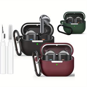 TEMU 삼성 갤럭시 버즈 3 & 프로용 귀여운 실리콘 풀 보호 헤드폰 케이스 3팩 - 가벼우면서 튼튼하며 스타일리시한 청소 키트 포함, 남녀 모두에게 적합, 블랙, 레드, 그린, 핑크, 블루 색상으로 제공, 헤드폰 보호 | 재미있는 디자인 | 실리콘 케이스, 버즈 프로 케이스, 버즈 케이스, 이어폰 케이스, 에어팟 케이스, 이어폰 케이스