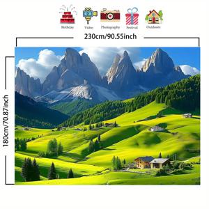 TEMU 1개 스위스 알프스 농장 배경 배너 - 눈 덮인 봉우리, 푸른 들판, 아기자기한 마을이 있는 생동감 넘치는 산과 초원 풍경 - 홈 데코, 정원, 파티, 이벤트용 다목적 사진 배경 - 실내/실외 사용 가능