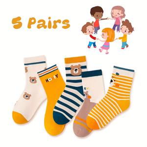 TEMU 5-팩 '두꺼운 따뜻한 겨울 양말 - 귀여운 곰 & 줄무늬 발목부터 종아리까지 중간 길이 디자인, 부드러운 사계절용 키즈 타이츠 (손세탁 전용) - 유아용 포근한 추위 방지 신발, 생일/휴일 선물