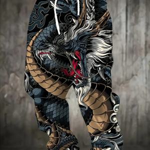 TEMU 남성용 일본식 드래곤 3D 애니메이션 스타일 루즈핏 바지 - 블랙 & 골든 만화 디자인, 조절가능한 허리끈과 포켓이 있는 Y2K 스타일의 사계절형 캐주얼/짐웨어/아웃도어/스트릿웨어 팬츠 (피트니스·낚시·헌팅·농구에 적합)