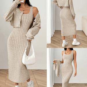 TEMU 가을 가디건 긴팔 숏 탑 + 드레스 세트, 가을/겨울에 완벽, 캐주얼 스타일, 단색, 레귤러 핏, 긴소매, 버튼업, 크루넥, 레귤러 길이, 가을 컬렉션, 캐주얼 복장|캐주얼 스타일|레귤러 핏