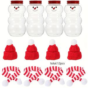 TEMU 12개 눈사람 장식 세트 (4개 병 포함) - 표정 있는 얼굴, 쉬운 조립을 위한 오픈탑 병, 재사용 가능하고 내구성 있는 크리스마스, 새해, 발렌타인데이, 부활절용 눈사람 - 빨간색과 흰색 줄무늬 모자와 체크무늬 스카프가 있는 클래식 원통형 병, 매력적인 눈사람 얼굴과 검은색 단추, 웃는 입, 축제 분위기 홈 데코 세트