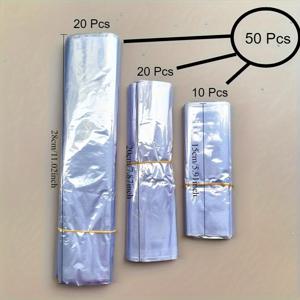 TEMU 50개 투명 PVC 열수축 포장백 + 밀봉 필름 & 롤 - 선물, 상자, 전자제품, 책용 고강도 투명 포장 | 둥근 모서리의 내구성 있는 플라스틱 포장, 핸드헬드 헤어 드라이어 호환 (이커머스, 생일, 결혼식, 브라이덜 샤워에 이상적) - 화려한 선물 디스플레이를 위한 대형 수축 백, 바구니 백 & 열수축 필름 포함