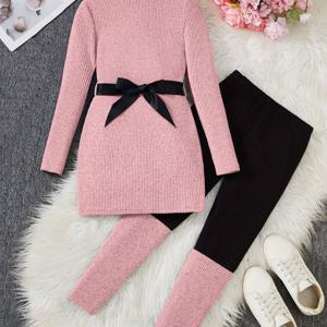 TEMU 여아 가을/겨울 2피스 세트, 패션 캐주얼 스타일: 하이넥 롱 스웨터 드레스와 대조 패치워크 레깅스로 일상 야외 및 학교 모임 착용 - 백투스쿨 시즌 가을 겨울 선물 (벨트 포함), 야외 활동에 완벽|가을원피스