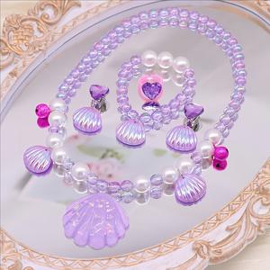 TEMU 5개 여아용 쥬얼리 세트 - 공주 목걸이, 팔찌, 반지 & 귀걸이 (조개 디자인), 보라색 & 핑크 파스텔 색상, 생일, 파티, 십 대에게 적합