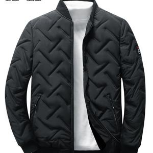 TEMU 남성용 경량 퀼트 재킷 - 캐주얼 짧은 길이, 두꺼운 폴리에스터, 지퍼 포켓이 있는 지퍼업, 블랙, 가을 & 겨울에 완벽, 가을 겨울 재킷 | 퀼트 재킷 | 폴리에스터 섬유 재킷, 남성용 겨울 코트