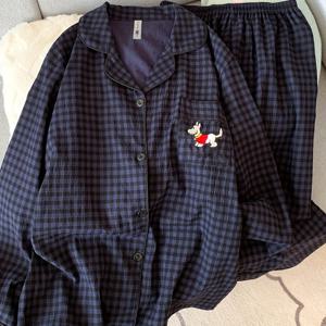 TEMU 고품질 여성용 긴팔 및 바지 세트, 봄/가을용 달콤하고 귀여운 만화 체크 라운지웨어, 캐주얼 투피스 오픈 프론트 가디건, 여성용 키티 파자마, 블루 파자마, 펭귄 파자마, 블루 체크 투피스, 긴팔 파자마