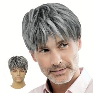 TEMU 옥사이 남성용 리얼리스틱 숏 가발 - 내열성 합성모발, 자연스러운 옴브레 그레이/화이트 탈모/보기 좋은 헤어, 일상 및 할로윈용 | 레이어드 숏 남성용 가발, 탈모선 커버, 편안하고 관리가 쉬움