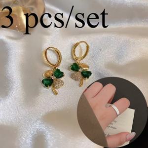 TEMU 3pcs 세트는 여성용 패셔너블한 드롭 이어링 1쌍을 포함합니다 - 라이트 럭셔리 4잎 클로버 모양, 녹색 모조 지르코니아 디자인 + 데일리 및 파티 착용에 적합한 라이트 럭셔리 심플링 1개 - 발렌타인데이 선물