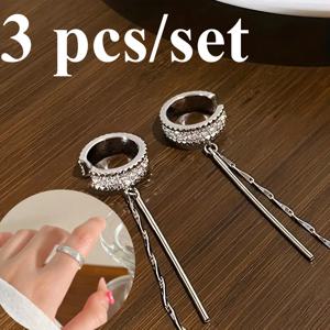 TEMU 3개 세트 패셔너블하고 창의적인 유니크 C자형 태슬 장식 모조 지르코니아 디자인 여성용 클립형 귀걸이 + 심플하고 가벼운 럭셔리 반지 - 이상적인 발렌타인데이 선물|링귀걸이