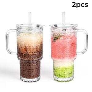 TEMU 2개 세트 대형 26oz 헤비듀티 유리 텀블러 (손잡이 & 뚜껑 포함) - 두꺼운 내구성 강화 컵, 수직 리브드 그립 & 핫/콜드 음료, 아이스 커피, 스무디, 차에 적합한 디자인 - 현대적인 머그컵 /사무실용|텀블러