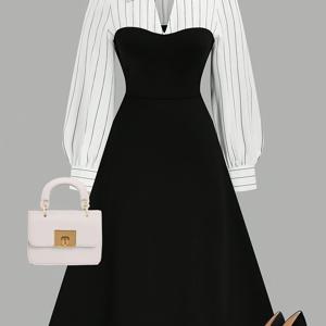 TEMU 플러스 사이즈, 플러스 사이즈 여성용 우아한 V넥 A라인 드레스 화이트 파이핑 & 긴 소매 - 미디 길이 짧은 허리 (벨트 없음) 버튼 프론트 재킷 칼라, 세탁기 사용 가능한 오피스 웨딩 게스트 파티 드레스 블랙 - 봄/가을 의상