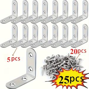 TEMU 25개 스테인리스 스틸 L자 모양 코너 브래킷 세트 (브래킷 5개 + 나사 20개) 1.57X1.57인치 90도 직각, 나사 포함, 나무 선반, 의자, 화장대, 가구 조립에 적합