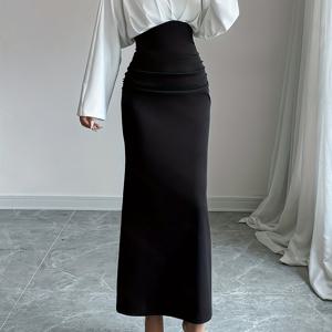 TEMU 여성용 우아한 V넥 롱 드레스 - 블랙 & 화이트 대비 허리, 포멀 & 데일리 시크 의상, 올 시즌 활용 가능한 파티 웨딩 오피스 드레스, 여성용 우아한 드레스, 웨딩 초대객 복장, 세련된 스타일, 고품질 원단