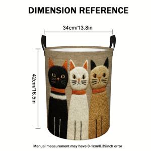 TEMU 손바느질 느낌의 세 마리 고양이 수납 바구니 - 블랙/화이트/브라운 & 베이지, 내구성 있는 패브릭 옷장, 장난감 수납용 - 모던 테마 햄퍼, 튼튼한 블랙 스트랩 (무봉제 디자인) - 여행 및 선반용 바구니