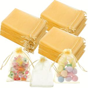 TEMU 100개 대량 골드 쉬어 오간자 백 화이트 드로스트링 클로저 - 웨딩 파보어, 생일 파티, 샤워, 캔디 & 주얼리 선물용 메쉬 파우치 - 4x6 인치 소형 샤세 (골드톤, 대량 포장)