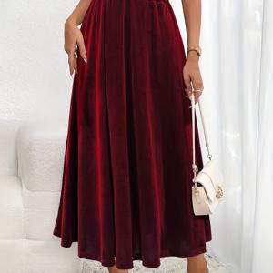 TEMU 여성용 신상 데일리 출퇴근 벨벳 미디 스커트 | 탄성 있는 허리 밴드의 중간 길이 스티치 원단, 우아한 파티용 편안한 스커트