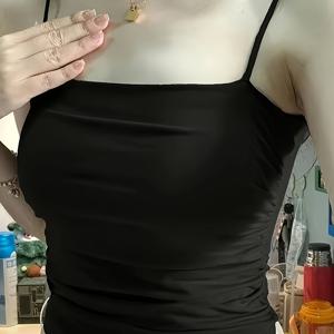 TEMU 여성용 블랙 민소매 스트랩리스 캐미솔 탑 - 내장 브라, 통기성 스트레치 레이어링 아이템, 사계절 다용도 블라우스 (드레스, 셔츠 레이어링, 캐주얼 & 포멀 웨어용) - 무부피, 손세탁 가능|캡나시