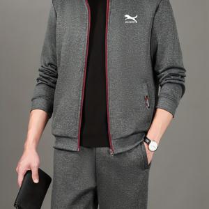 TEMU 남성 가을/겨울 긴팔 코트, 스타일리시한 캐주얼 카디건 탑, 스탠드 칼라 및 단색 스포츠 슈트. 강아지 프린트 디자인과 대비되는 지퍼, 클래식 레그 조거 팬츠 스타일